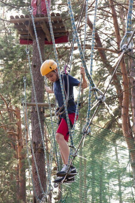 Close-up of a rope access technician wearing full safety equipment